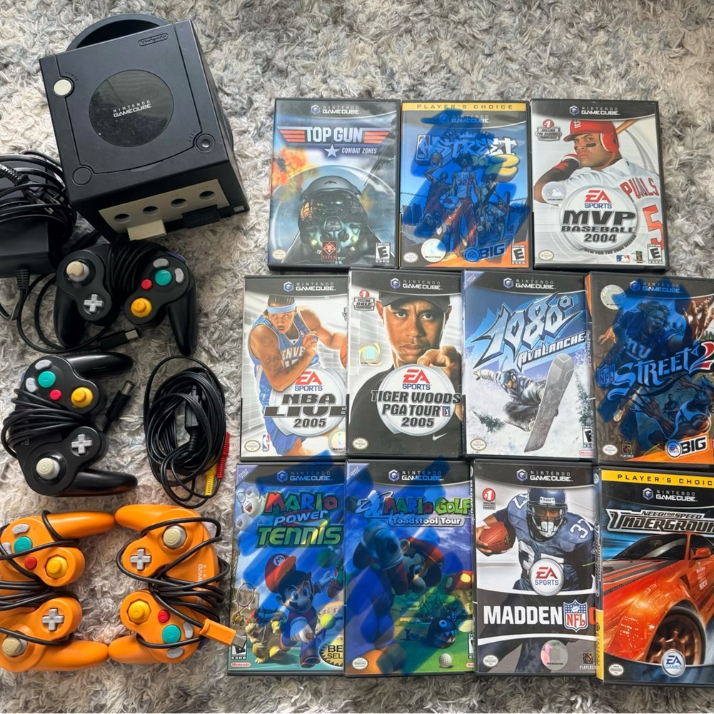 Nintendo GameCube with Black and Orange Controllers plus 7 games